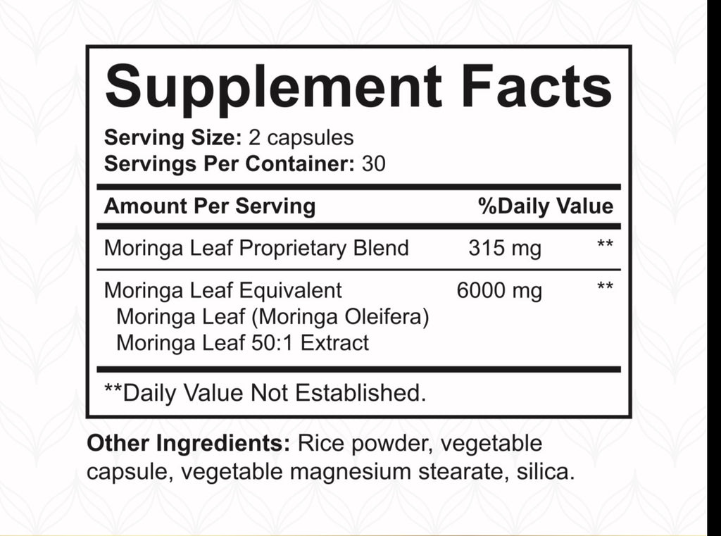Supplement facts label for Moringa by NatureBest