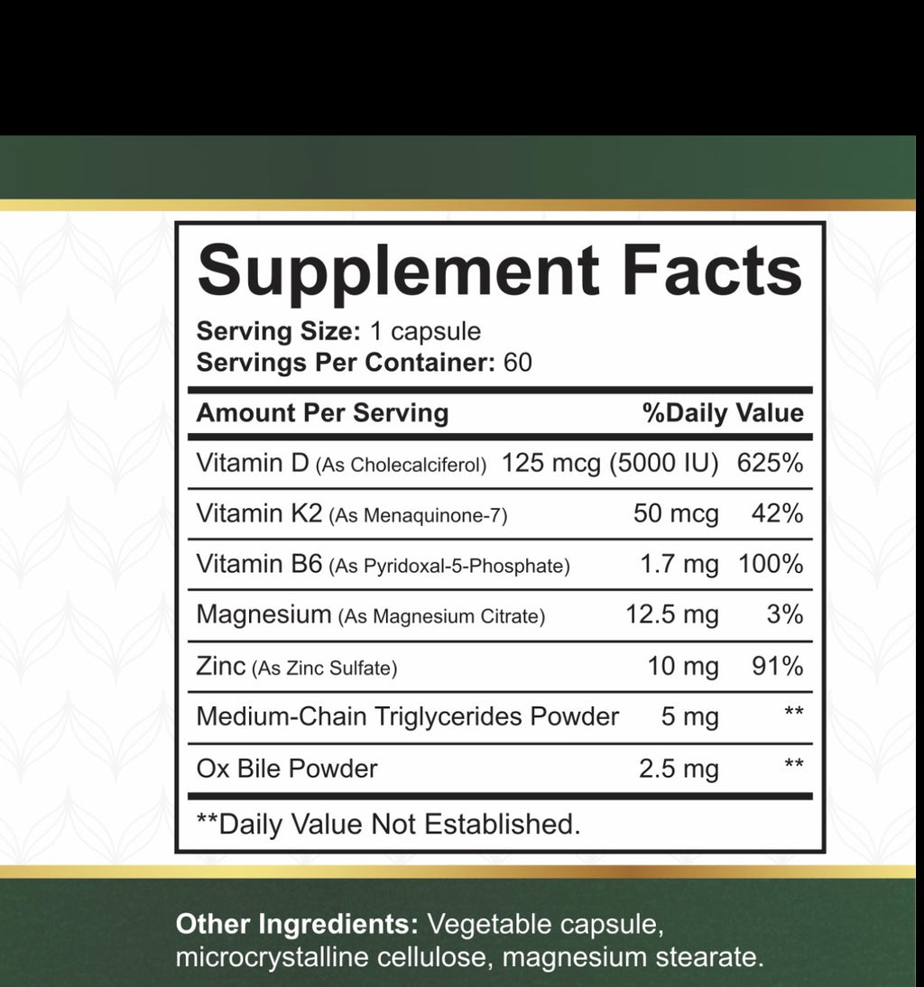 Supplement facts label for Vitamin D3 and K2 by NatureBest